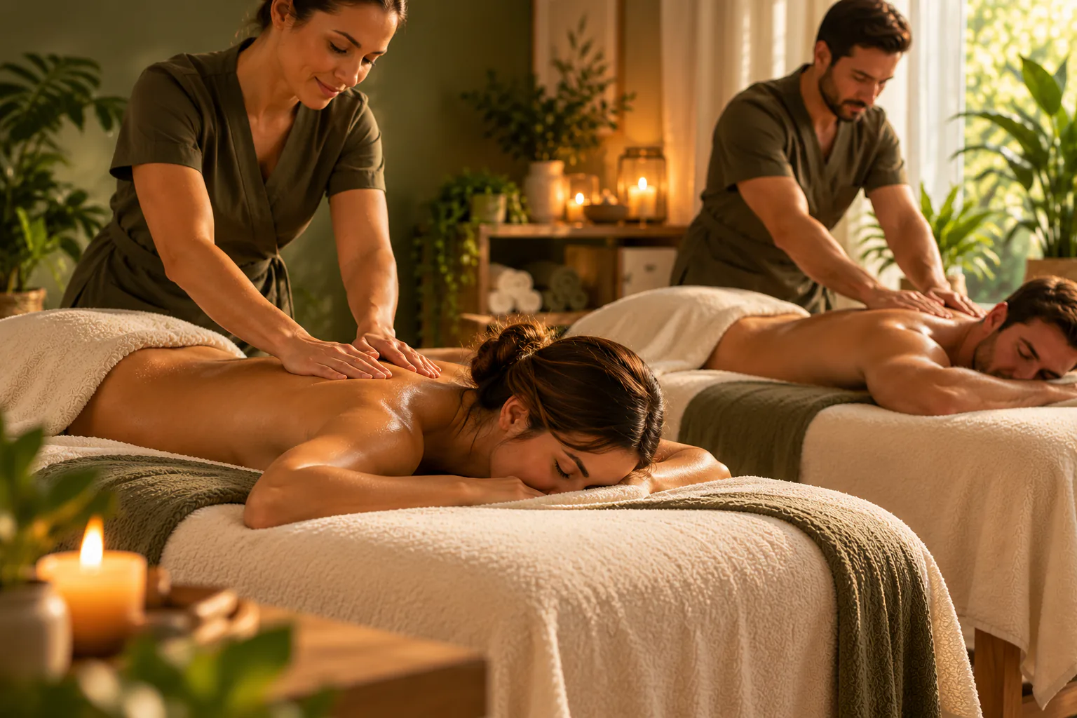 Illustration of a couples massage setting with two massage tables